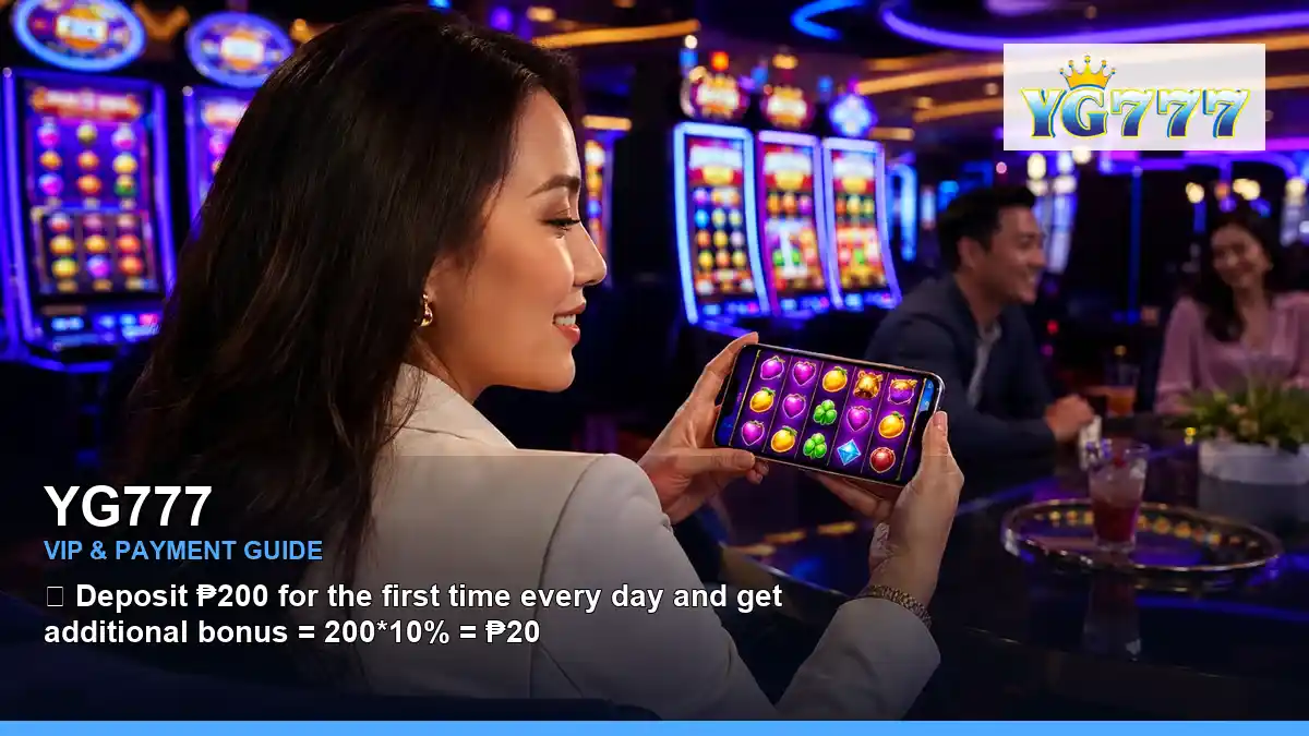 YG777 play mobile casino games featuring an adult Filipina casino host with a celebratory composition